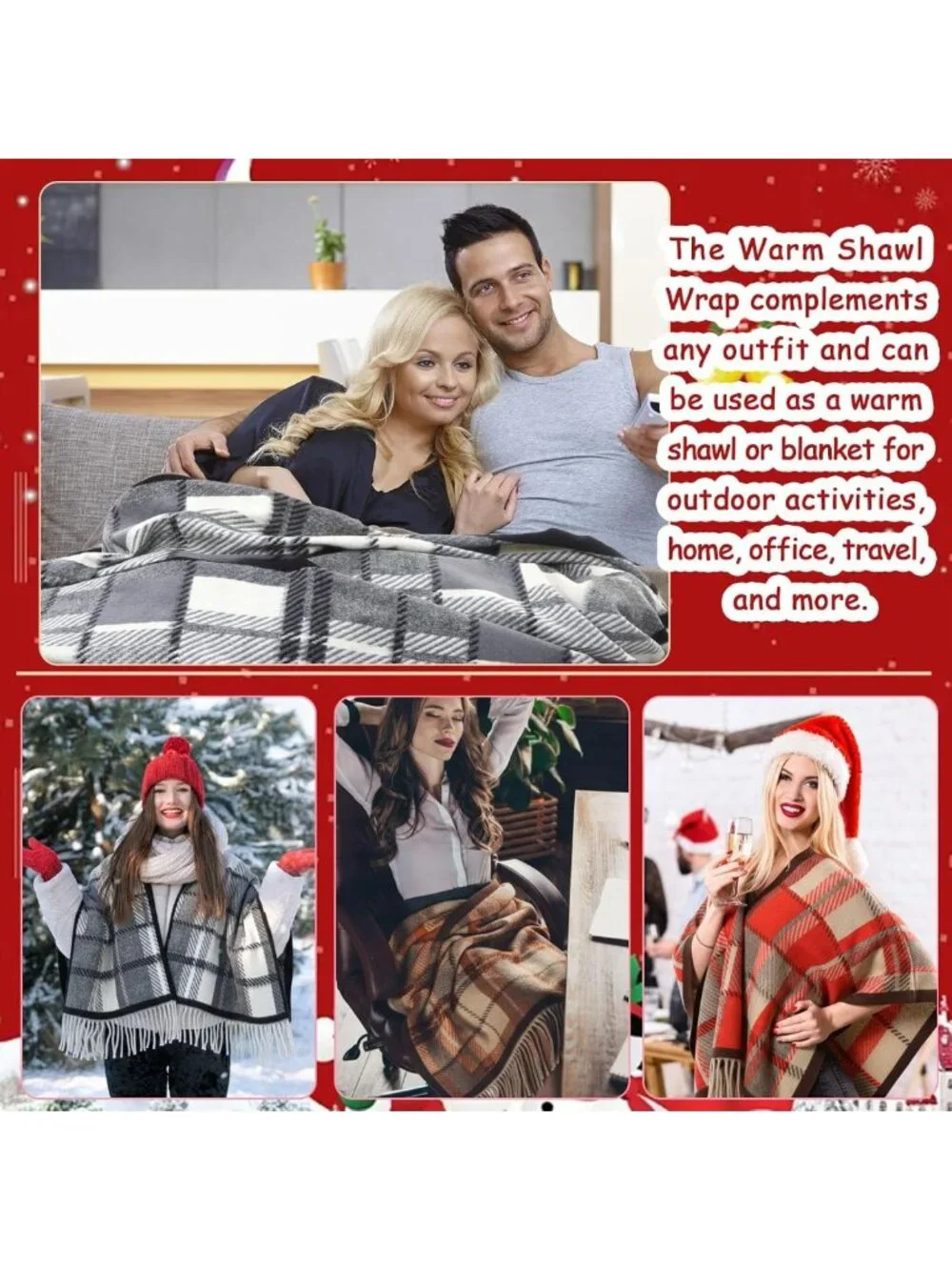Cozy 3-Pack Christmas Poncho Shawl Wraps | Boho Plaid Soft Capes with Tassels